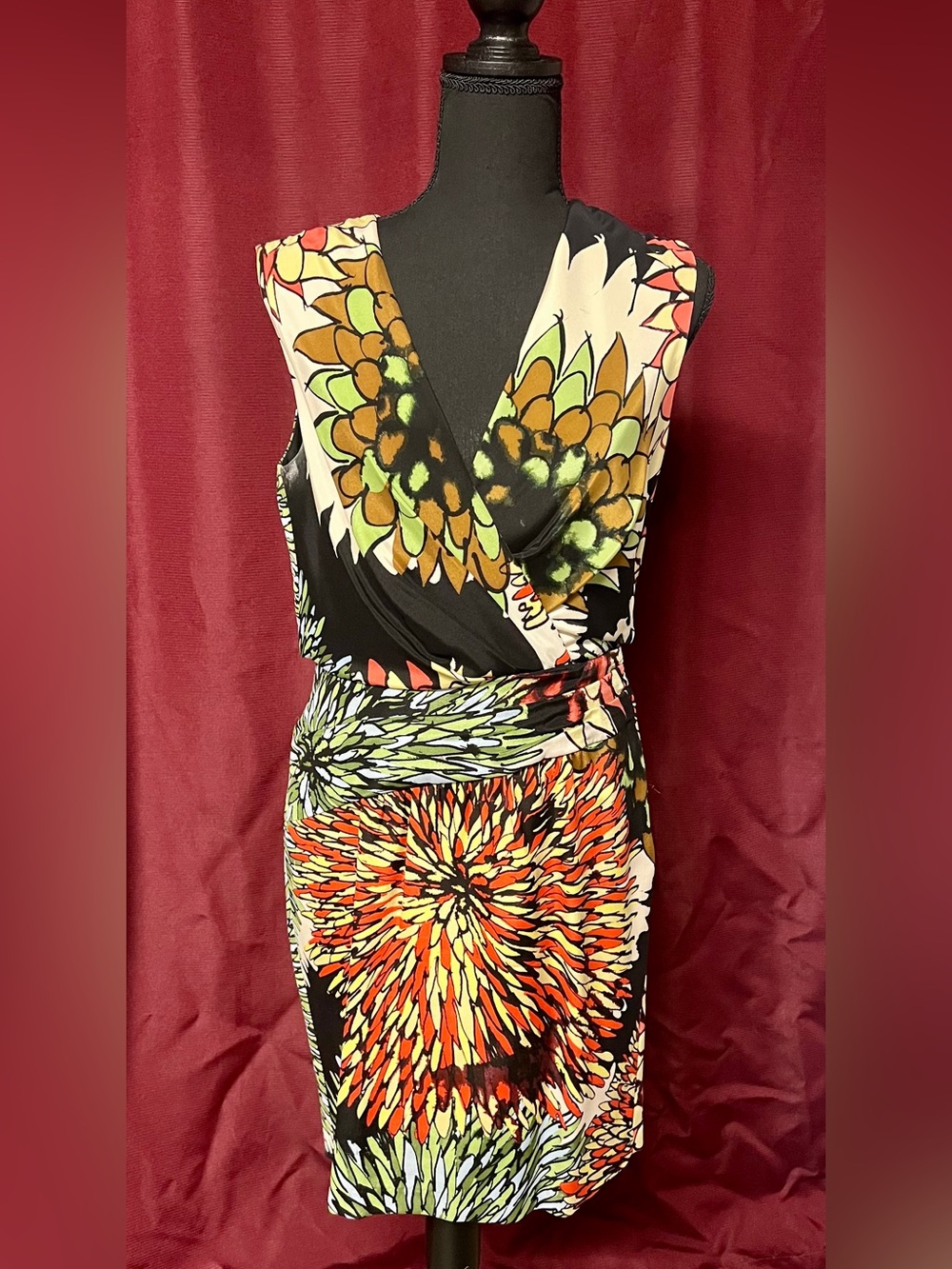 Ali Ro Black Midi Wrap Dress with Orange, Green & Cream Floral Burst